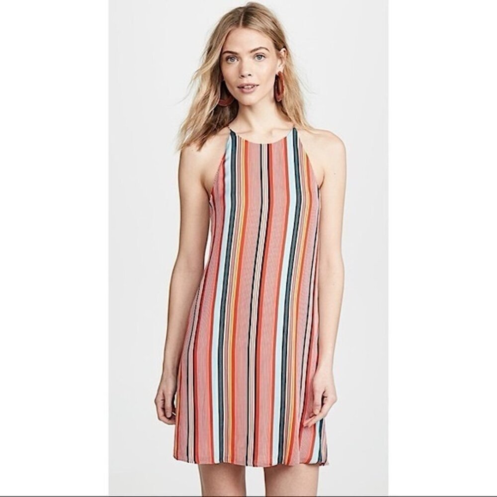 NWT Alice + Olivia Kalia Red Multicolor‎ Striped Halter Tieback Mini Dress LARGE